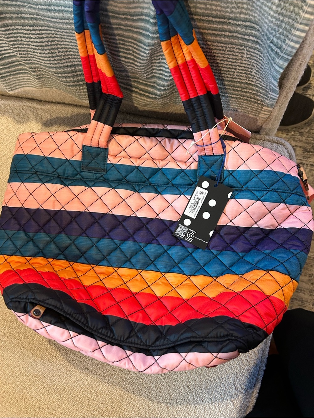 Quilted Multicolor Stripe Tote Bag - Pink, Blue, Orange - Picture 1 of 4